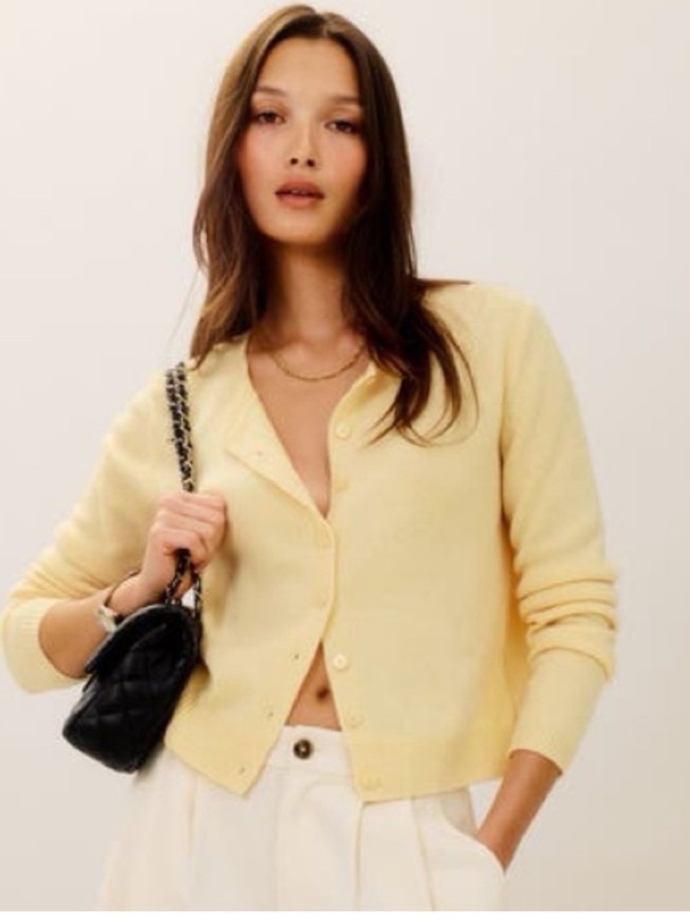 Reformation Clara Cashmere Crew Cardigan in Parmesan - Picture 3 of 7